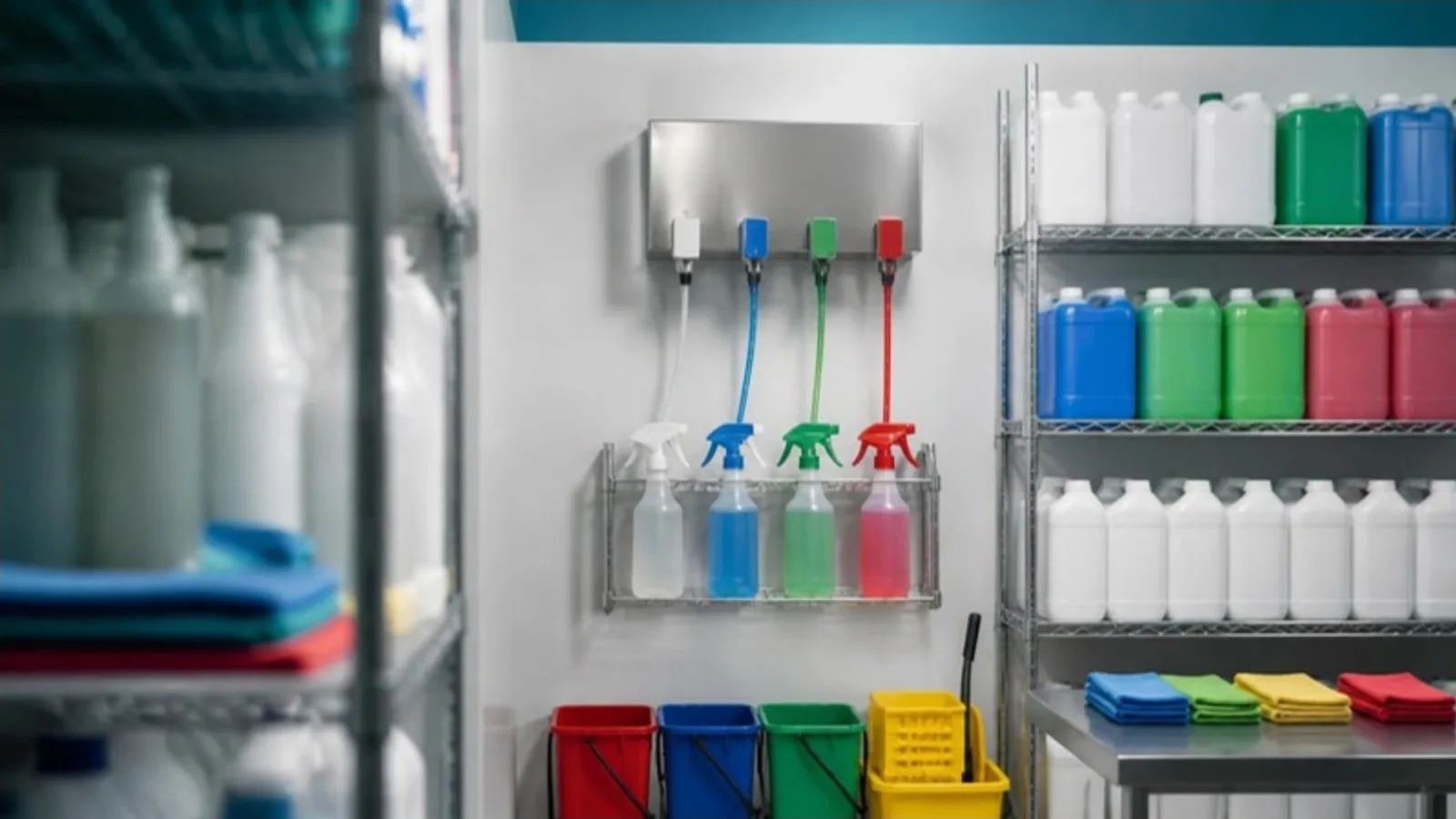 Janitorial supply room with color-coded spray bottles, a dilution station and stocked cleaning chemicals