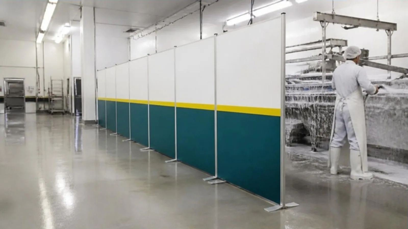 Modular separation screens closing off a production area while a worker sanitizes equipment