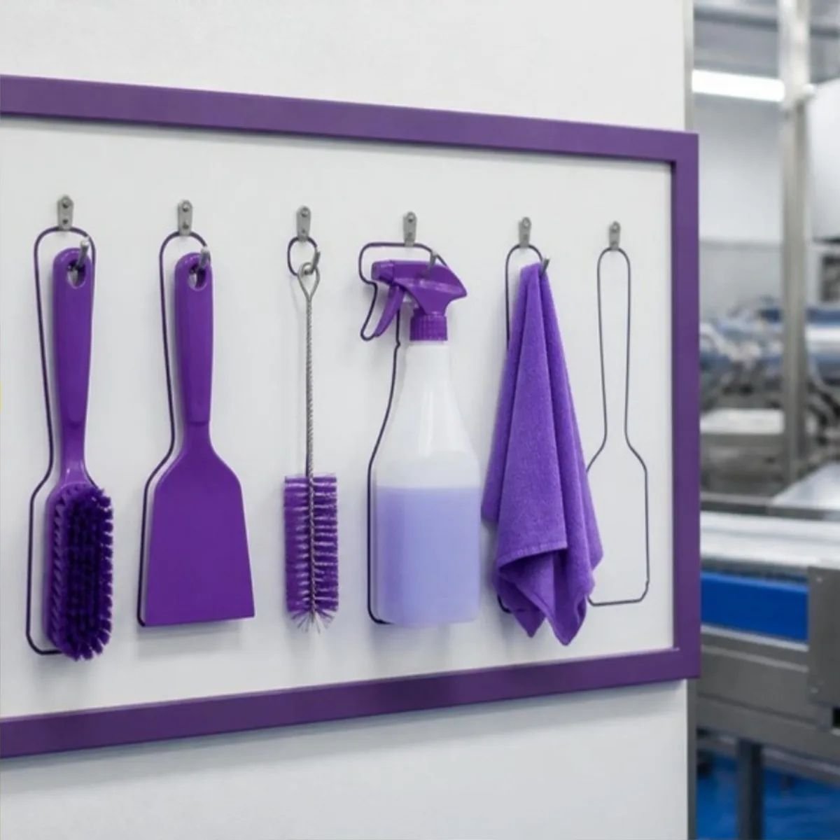 Purple allergen changeover shadow board with dedicated brushes, a scraper, a spray bottle and a cloth