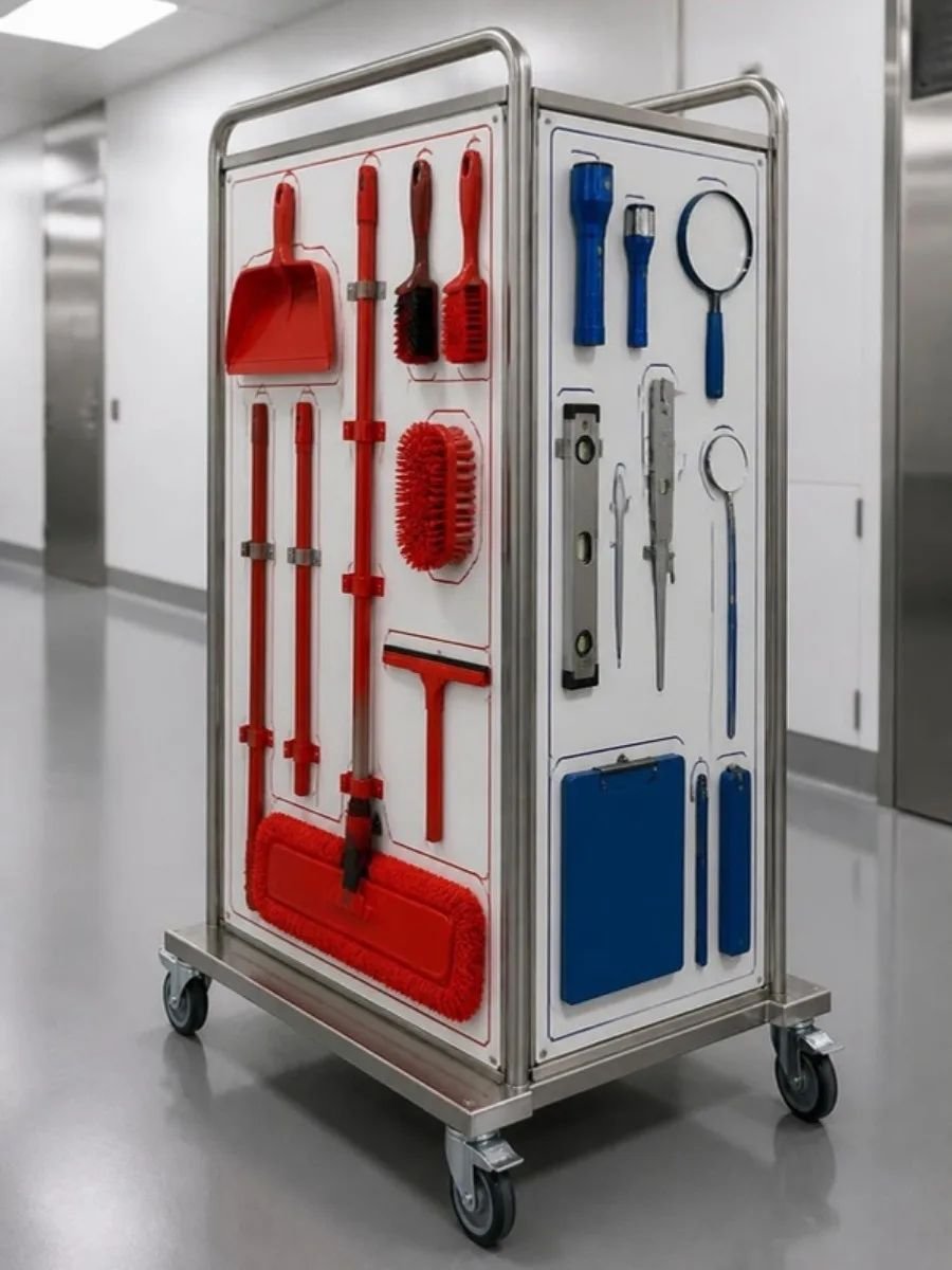 Double-sided mobile shadow board with red tools on one side and blue inspection tools on the other