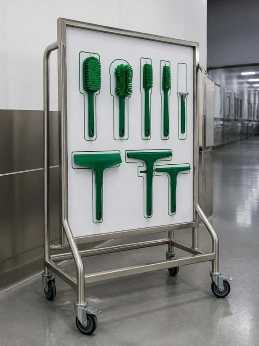 Mobile shadow board on a stainless steel cart with green tools