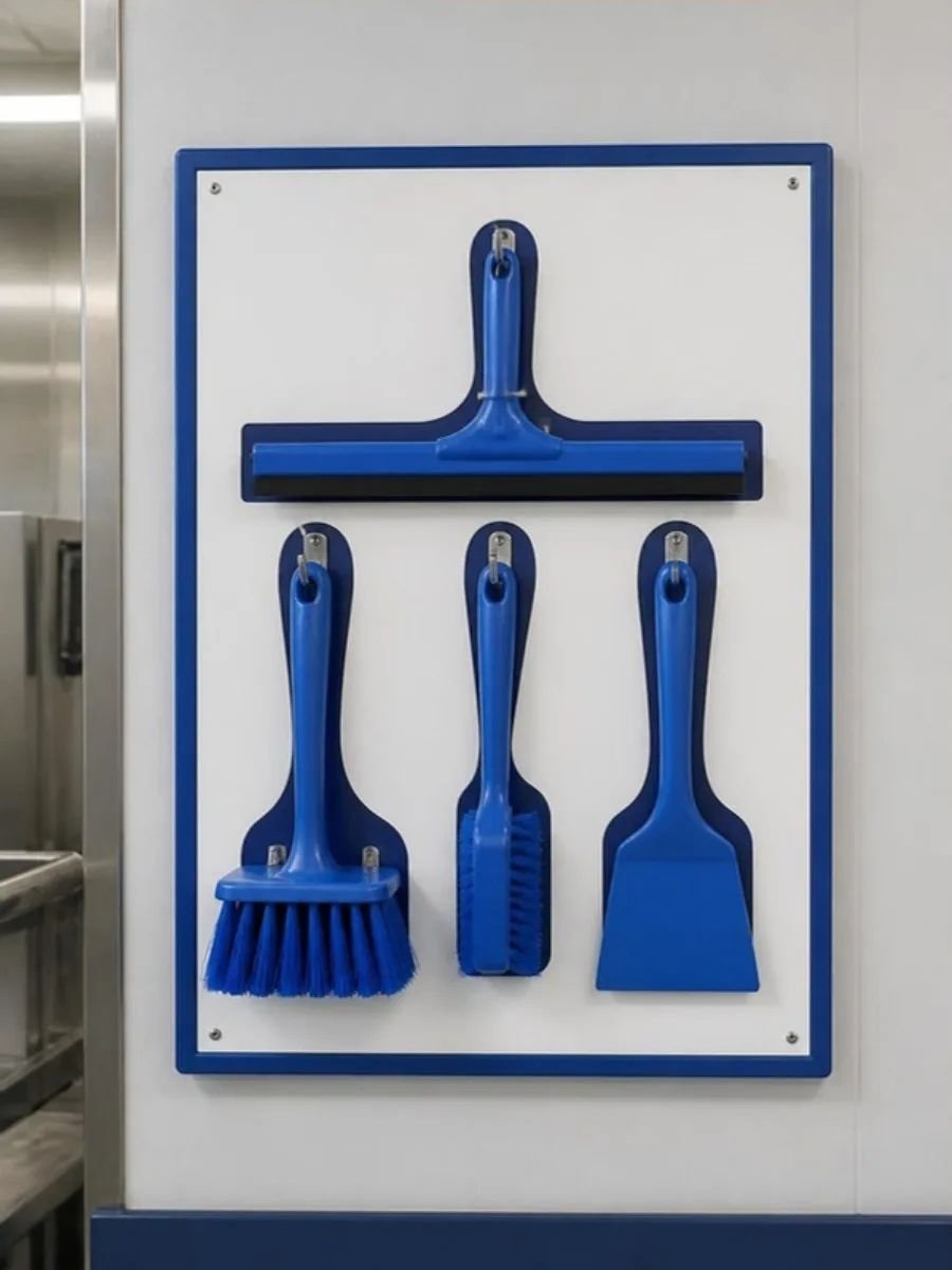 Wall-mounted blue shadow board with a squeegee, brushes and a scraper