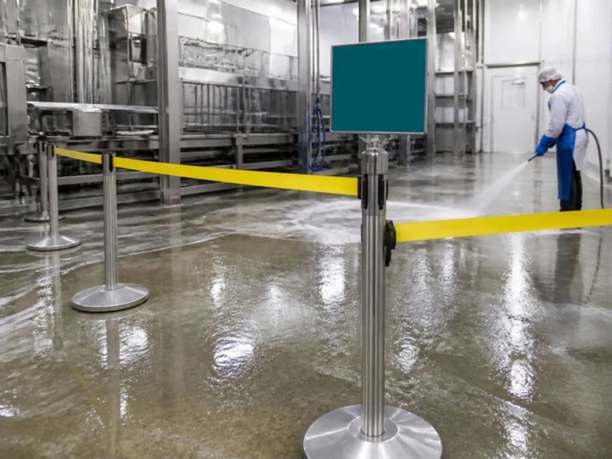 Retractable belt barriers with a sign stand closing off a floor during washdown