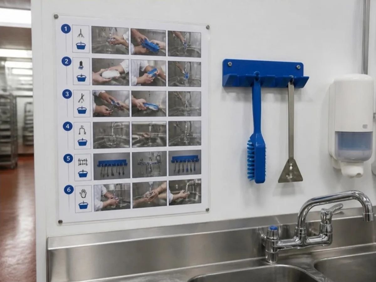 Visual SSOP card with numbered photo steps mounted above a sanitation sink with its tools