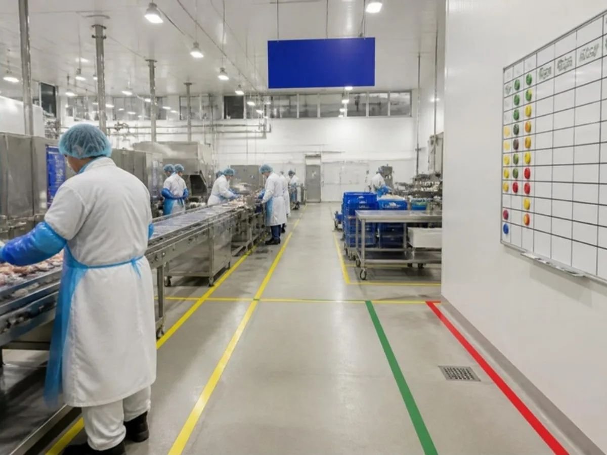 Production floor with a hanging zone sign and colored floor tape marking walkways and zone boundaries